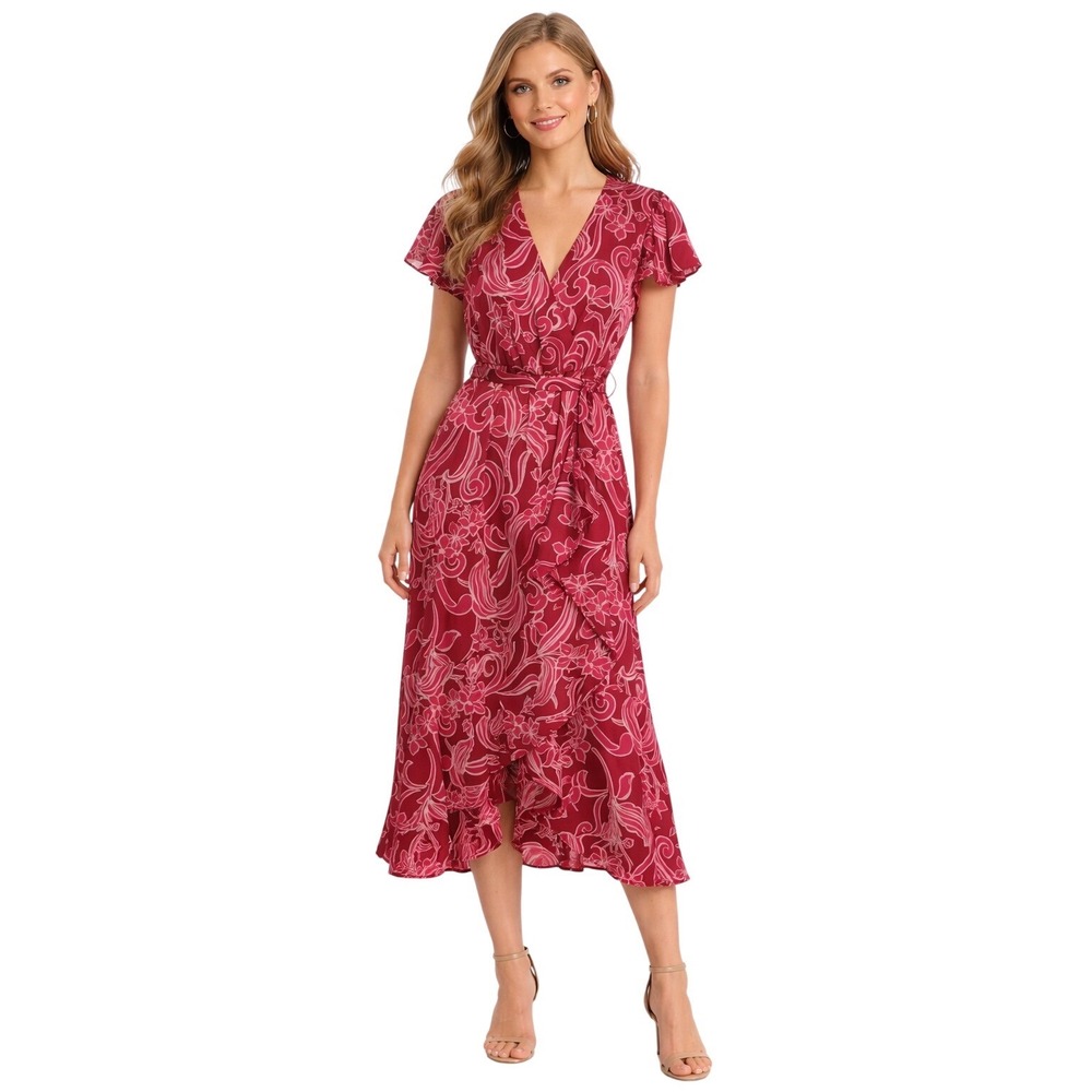 Nicole Miller New York Red Floral Wrap Midi‎ Dress XS NWT